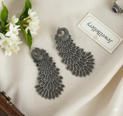 Oxidized Silver Peacock Feather Drop Earrings