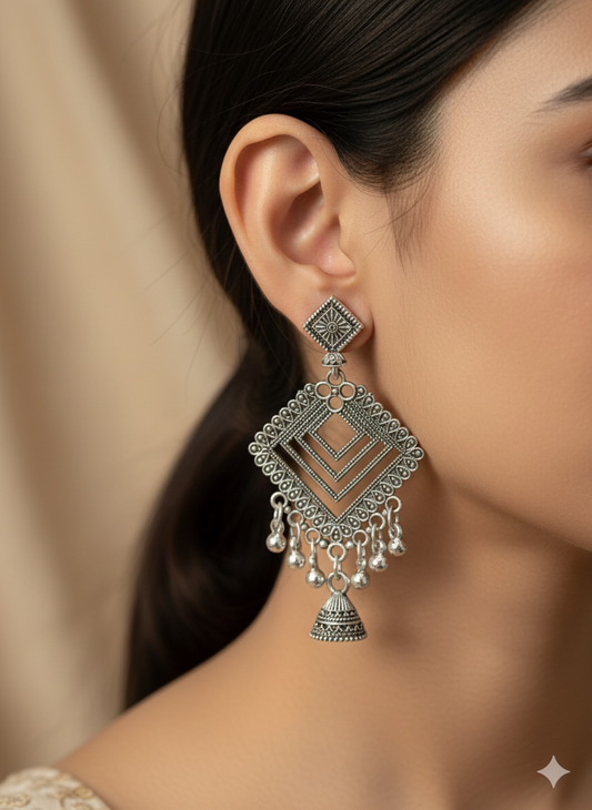 Oxidized Geometric Jhumka Earrings